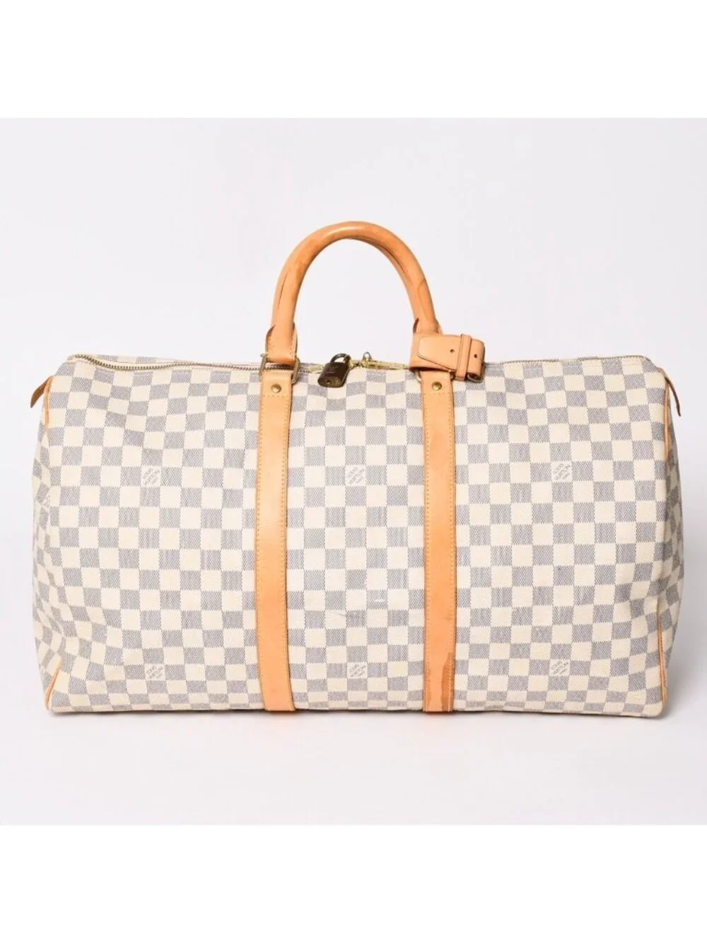 Louis Vuitton Keepall 50 Boston Bag Damier Azur Canvas Vachetta Leather White